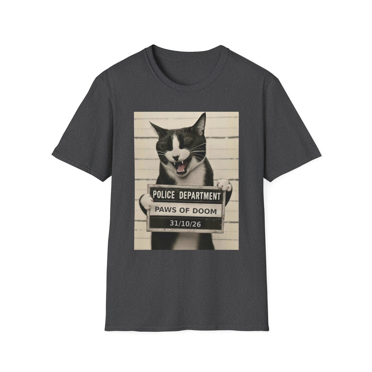 Mugshot Cat T-Shirt – 'Paws of Doom' Funny Vintage Police Poster Tee