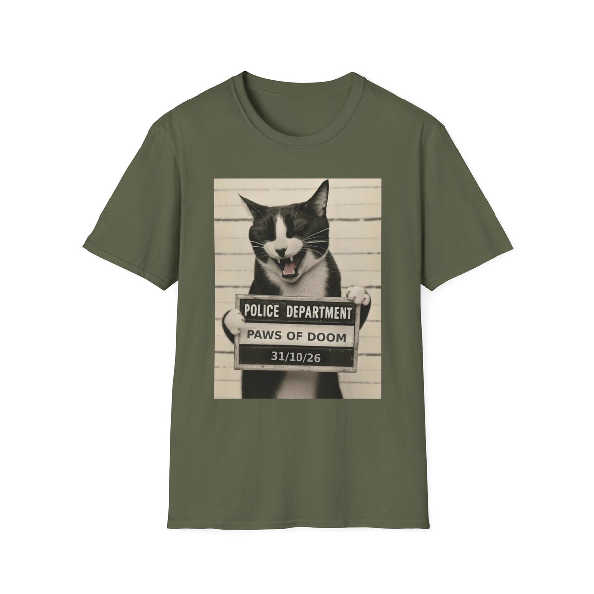 Mugshot Cat T-Shirt – 'Paws of Doom' Funny Vintage Police Poster Tee