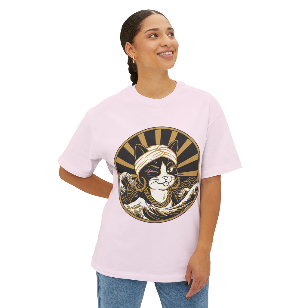 Cat Wave Tee — Retro Samurai Cat Graphic Boxy T‑Shirt