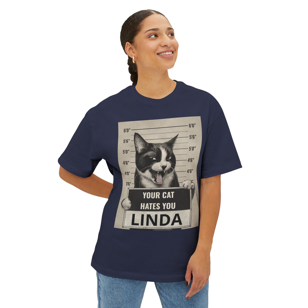 Graphic Tee — 'Your Cat Hates You, Linda' Mugshot Cat Shirt