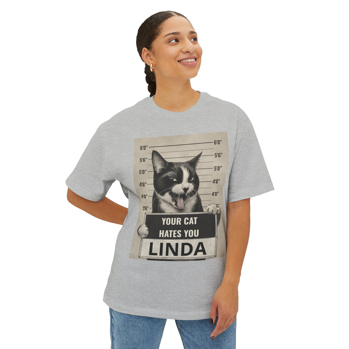 Graphic Tee — 'Your Cat Hates You, Linda' Mugshot Cat Shirt