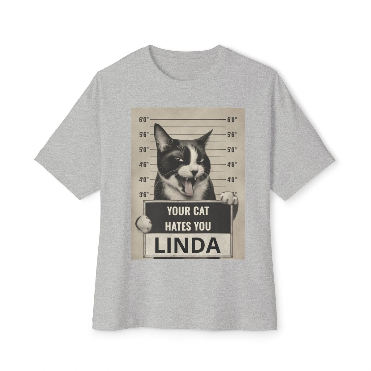 Graphic Tee — 'Your Cat Hates You, Linda' Mugshot Cat Shirt