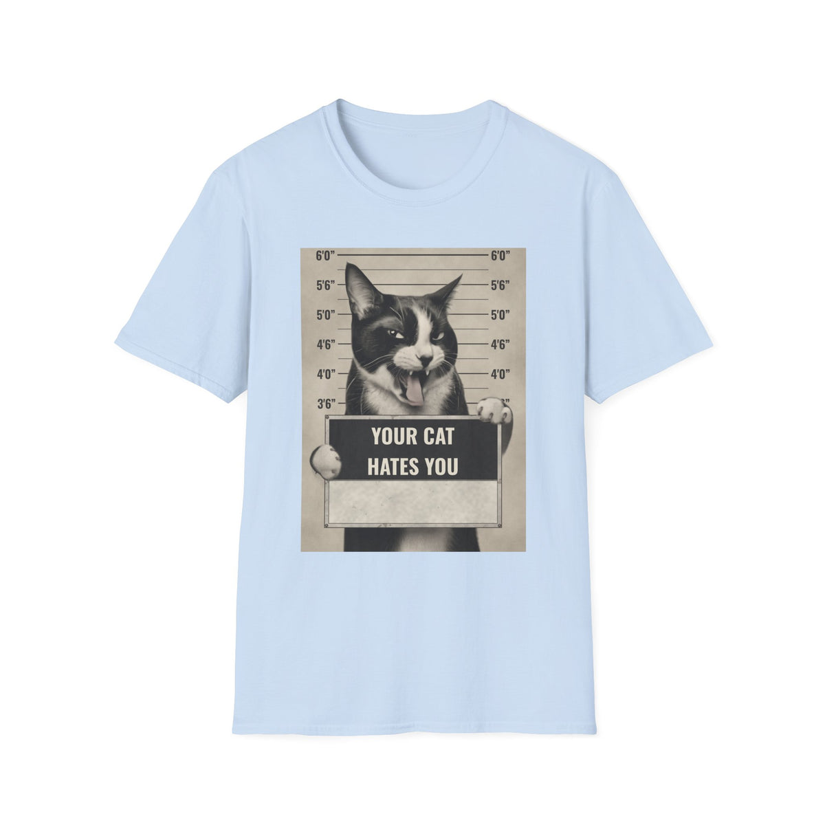 Cat Mugshot T-Shirt — “Your Cat Hates You” Funny Cat Lover Tee