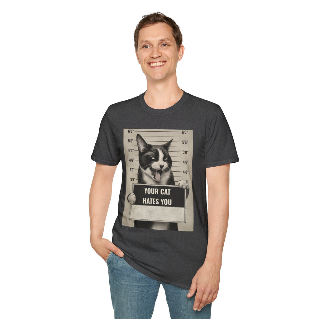 Cat Mugshot T-Shirt — “Your Cat Hates You” Funny Cat Lover Tee