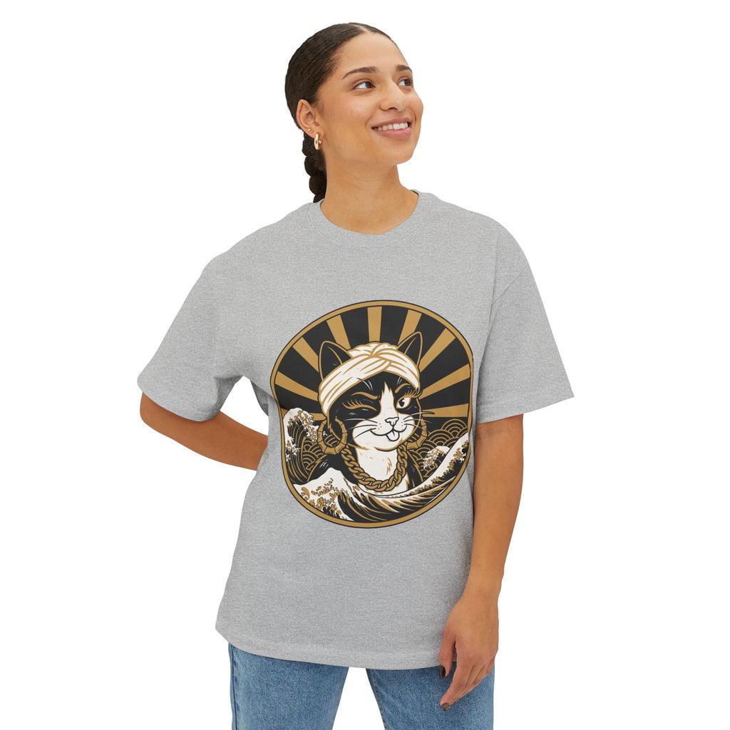 Cat Wave Tee — Retro Samurai Cat Graphic Boxy T‑Shirt