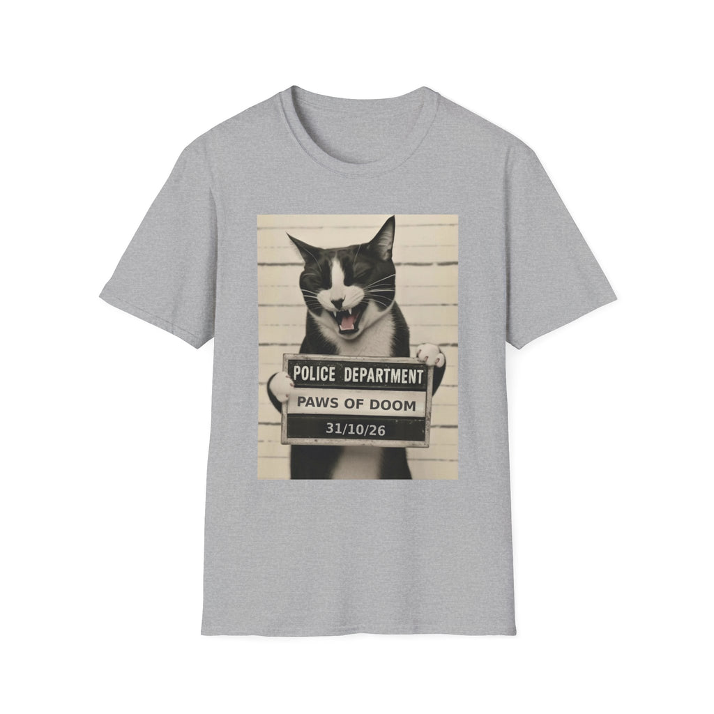Mugshot Cat T-Shirt – 'Paws of Doom' Funny Vintage Police Poster Tee