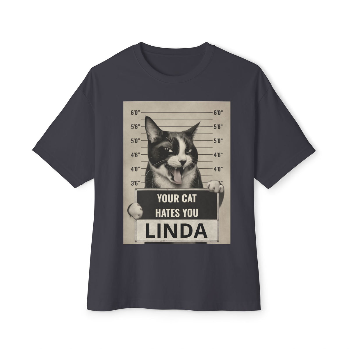 Graphic Tee — 'Your Cat Hates You, Linda' Mugshot Cat Shirt