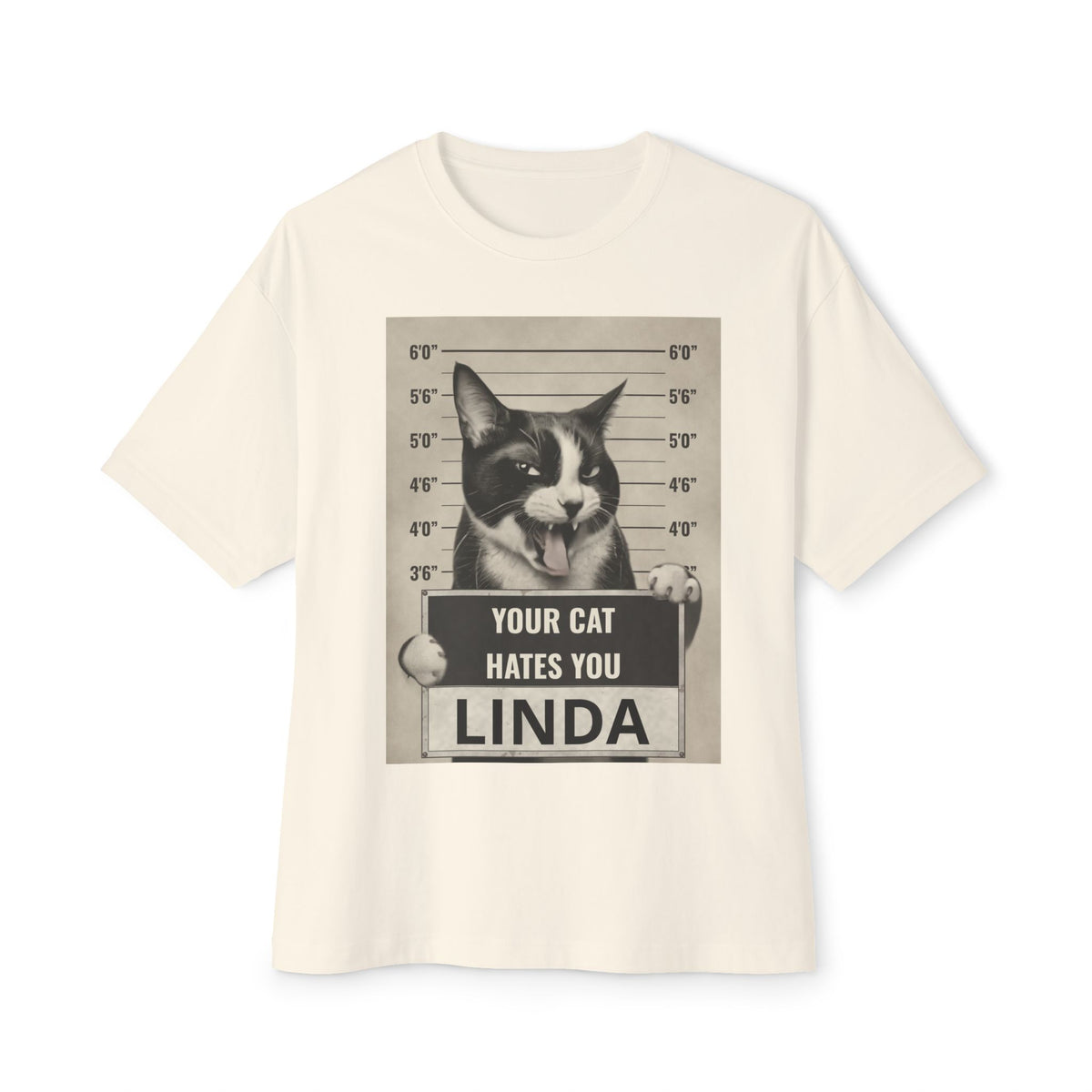Graphic Tee — 'Your Cat Hates You, Linda' Mugshot Cat Shirt