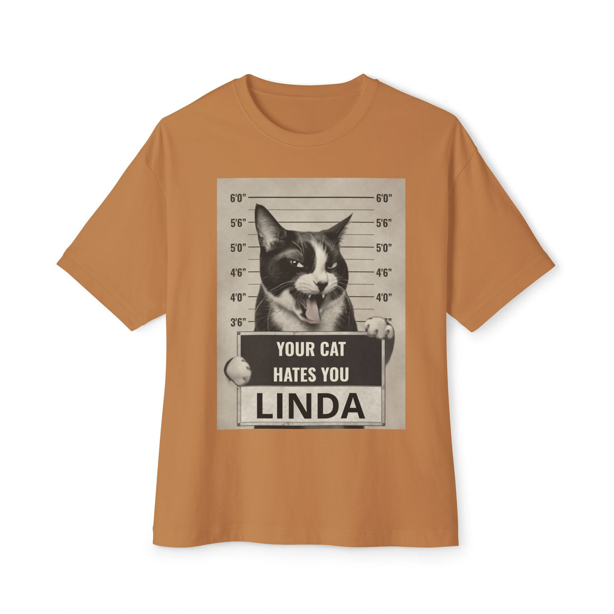 Graphic Tee — 'Your Cat Hates You, Linda' Mugshot Cat Shirt