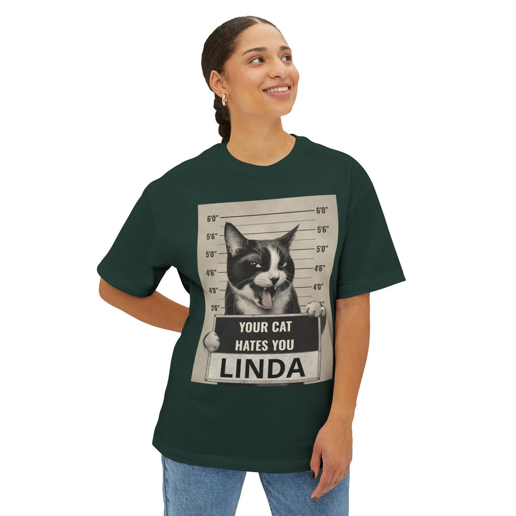 Graphic Tee — 'Your Cat Hates You, Linda' Mugshot Cat Shirt