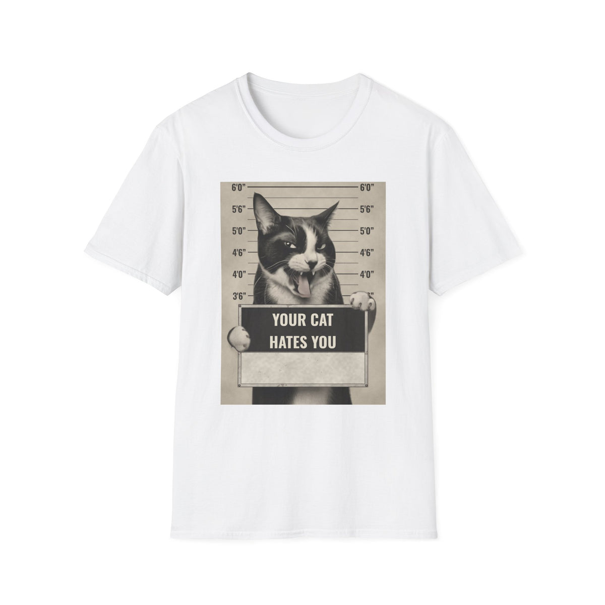 Cat Mugshot T-Shirt — “Your Cat Hates You” Funny Cat Lover Tee