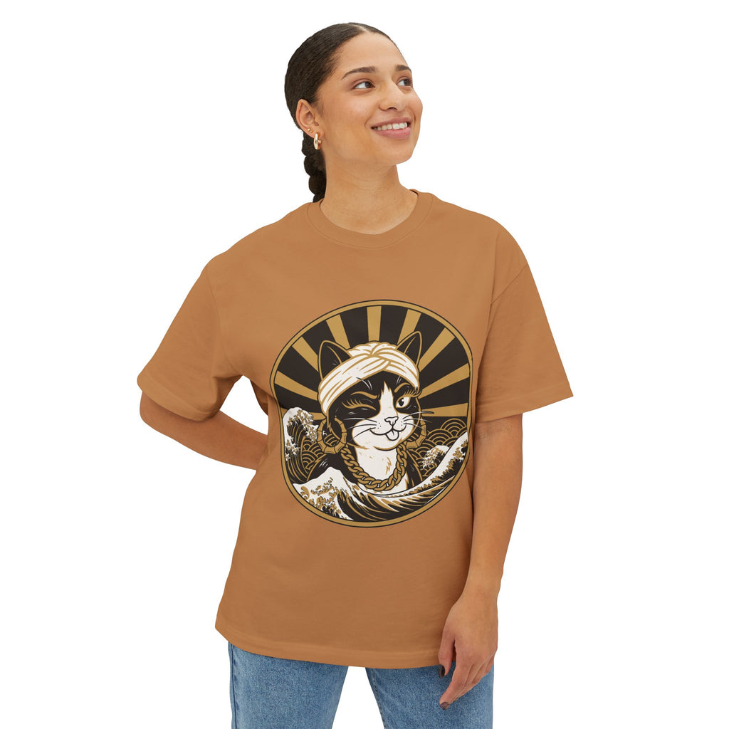 Cat Wave Tee — Retro Samurai Cat Graphic Boxy T‑Shirt