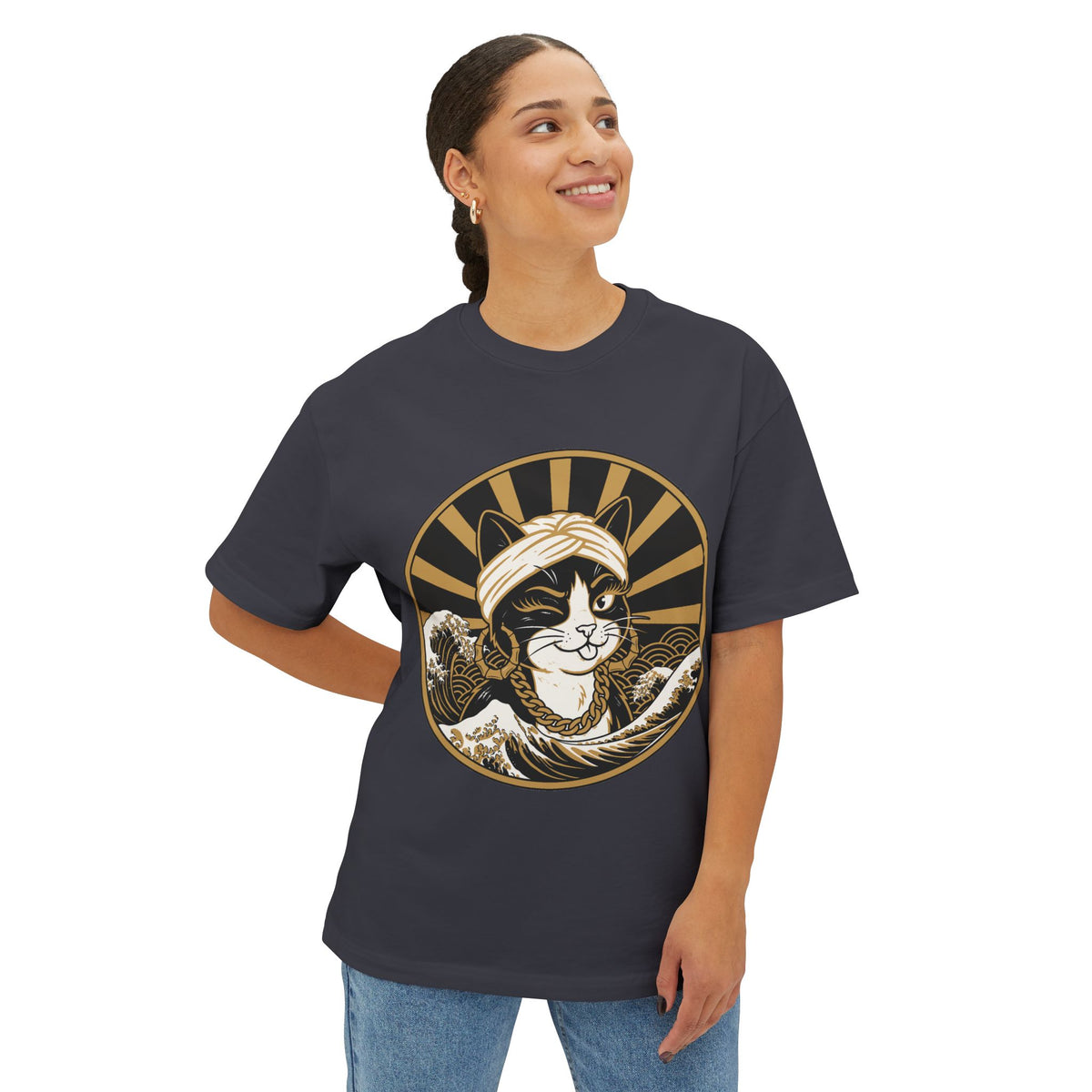 Cat Wave Tee — Retro Samurai Cat Graphic Boxy T‑Shirt