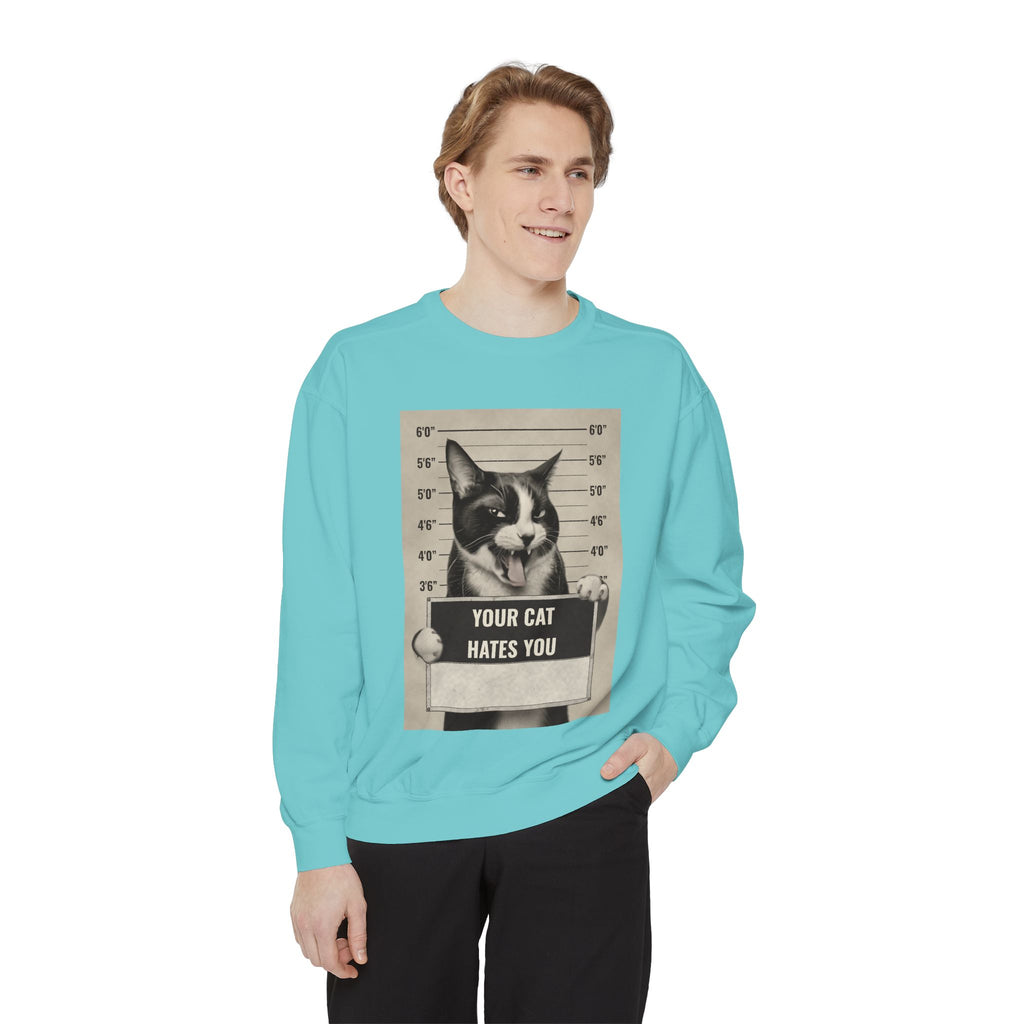 Cat Mugshot Sweatshirt — “Your Cat Hates You” Vintage Pet Lover Pullover